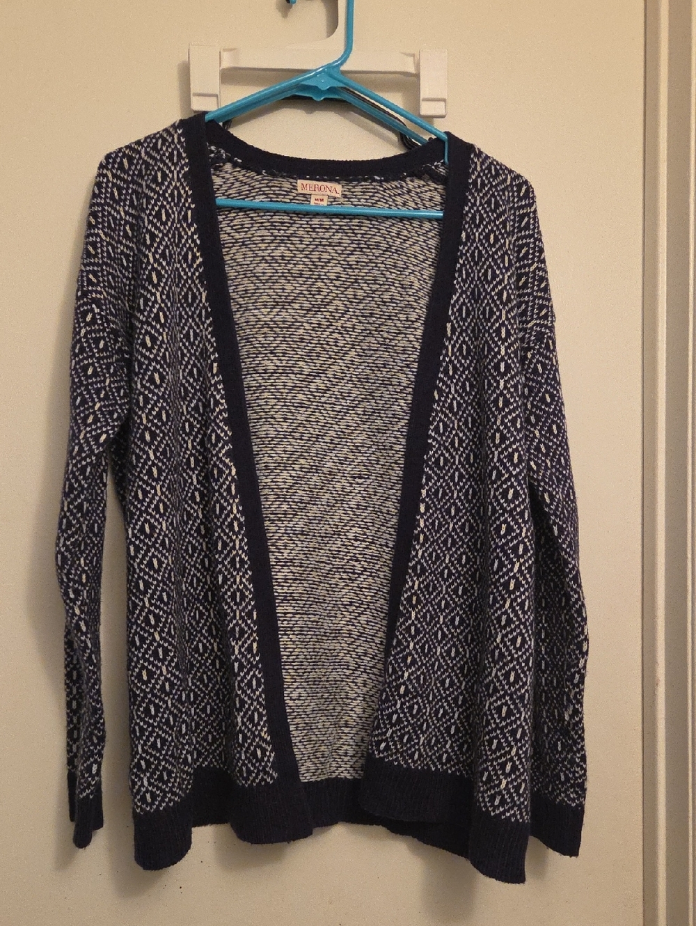 Merona Navy and White Geometric Open Cardigan